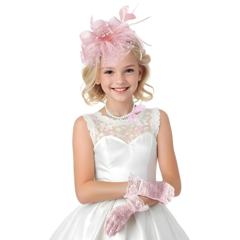 Girls Tea Party Fascinators Hats Lace Gloves Pearl Necklace Set