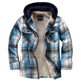 Puwasa Men's Full Zip Sherpa Lined Flannel Jacket Fleece Hooded Plaid Jacket with Hood for Men Blue Small