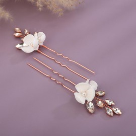 Teyglen 2pcs Flower Bridal Hair Pins Rhinestone Wedding Hair Pins Clips Set with Pearl Flower Hair Accessories for Bride Wedding Crystal Hair Piece for Women Girls (Rose Gold)