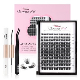 Glowing Win Individual Eyelash Extensions Set, DIY Cluster Lashes Kit with Lash Bond and Seal and Tweezers, Individual Fake Lashes Extension, 144 Pieces, Eyelash Extensions, 8-16 mm, Natural