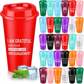 Skylety 30 Pcs Thank You Gifts 16 oz Coffee Cups Bulk Employee Appreciation Gift Inspirational Tumbler with Lid Reusable Plastic Coffee Cup for Coworker Staff Women Teacher (Bright Colors)