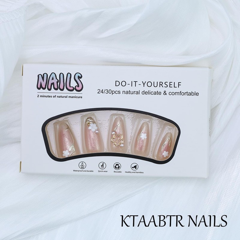 Flower Rhinestones Press on Nails Gold Line Fake Nails with