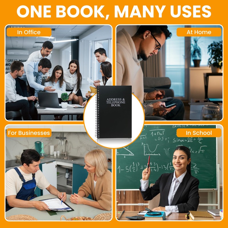 Iconikal Address Telephone Book, 8x5-Inch, Black, Spiral-Bound, 384 Contacts, Organizer