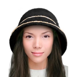 Dahlia Women's Winter Fuzzy Bucket Hat - Angora Wool w Faux Pearl Brooch, Black