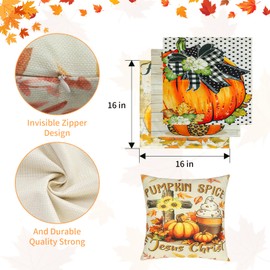 Patioland Set of 4 Pumpkin Throw Pillow Covers 16 x 16 Inch, Double Sided Autumn Decorative Cushion Cover for Thanksgiving Day Fall Harvest, Square Seasonal Pillowcases for Home Room Holiday Decor