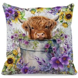 OFlich Highland Cow Pillow Covers - Sunflower Gifts for Women, Decorative 18x18 Covers, Cow Decor, Summer Flower Decor