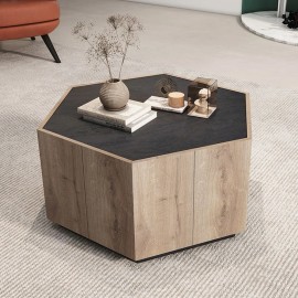 Rural Style Wood Coffee Table Hexagonal with Storage Drawers for Bedrooms