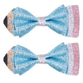 Back To School Pencil Hair Bow Clips, Sparkly First Day of School Hair Clip Leather Pencil Hair Bow Graduation and School Season Hair Accessories for Girls, Blue