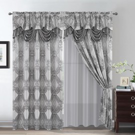 Petrichor Elegance Curtains with Gold Silver Threads 2 Panels Set - Luxury Window Treatment Attached Valance, Sheer Backing, and 2 Tie Backs for Bedroom and Living Room, 54x95 inches, Silver