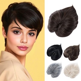 Yamel Hair Topper with Bangs 3 Clips Multi-Dimensional 7 Inches Short Synthetic Wiglets Natural Hairpieces for Thinning Hair Matte Brown