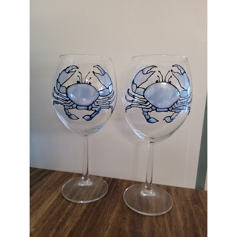 Blue Crab Hand Painted Stained Glass Stemmed Wine Glasses Set