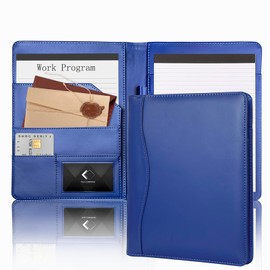 Leather Portfolio Binder A5, Mini Soft Leather Padfolio 5 x 8 Business Binder Legal Writing Pad Junior Size Document Organizer for Present Gift Kid Men Women Navy Blue