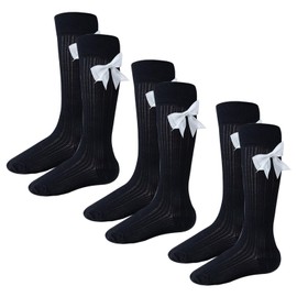 Risipu 3 Pairs Girls' Knee-High Socks with Bows Cotton Bow Knee-High Stockings for School Socks, and Girls' Party Knee-High Socks with Bows (UK, Age, 6 Years, 8 Years, Regular, Black)