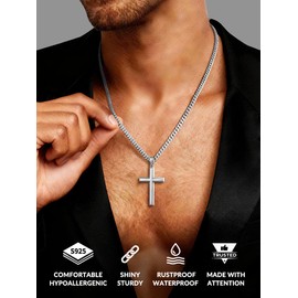 GEMAZE 925 Sterling Silver Cross Necklace for Men, Silver Cross Pendant with 4mm Silver Cuban Chain for Men, Mens Cross Necklaces, Silver Cross Chain Necklace for Men, 20 Inches
