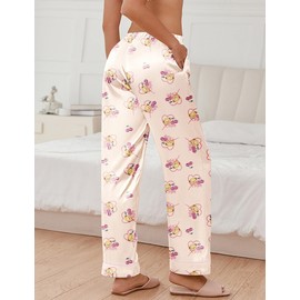 Ekouaer Womens Silk Satin Pajama Pants Soft Loose Lounge Pants Lightweight Elastic Waist Wide Leg Pj Bottoms with Pockets Champagne Love Teddy L