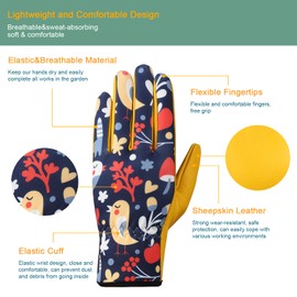 Bamllum Bamllum Leather Gardening Gloves for Women - Working Gloves for Weeding, Digging, Planting, Raking and Pruning (Bird Pattern)