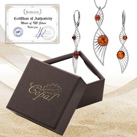 Womens Jewelry Set Sterling Silver With Amber Pendant Necklace And Earrings