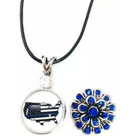 Fashion Snap Jewelry America USA Flag Officer Thin Blue Line Snap on 18" Leather Rope Diamond Pendant