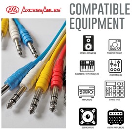 AxcessAbles 1/4 (6.35mm) TRS to 1/4 (6.35mm) TRS Multi-Color Balanced Stereo Patch Cables 6-Pack Outboard Gear & Patchbay Studio Cables External Effects Digital Analog Effects (5ft)