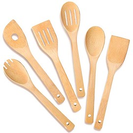 IOOLEEM Cooking Utensil Set (6, Natural Bamboo), wooden spoons for cooking, spatula set, wooden utensils for cooking, bamboo utensils, wooden spatula for cooking