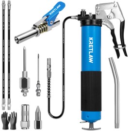 KRETLAW Grease Gun, 7000 PSI Heavy Duty Professional Pistol Grip Grease Gun Kit 14 OZ with Coupler, Double Grease Injector Needles, 18" & 2pc 12" Flex Hoses and Reinforced Glove