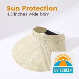 Women's Straw Sun Hat with UPF 80+ - Wide Brim Beach Visor & Packable Ponytail Summer Hat, UV Protection Foldable Travel Hat for Outdoor Activities (Beige hat)