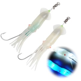 Dr.Fish Saltwater Squid Fishing Lures, 6" LED Lighted Lures 6/0 Hooks Squid Jig Rig Halibut Lincod Jig Offshore Trolling Baits Deep Drop Light Glow in Dark Mackerel Tuna Striper Blue&Colorful