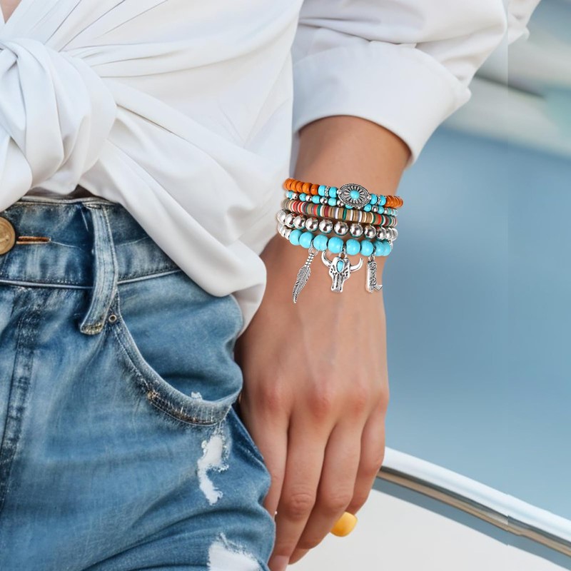 5PCS Cowgirl Bracelets for Women Boho Beaded Stretch Turquoise Bracelet