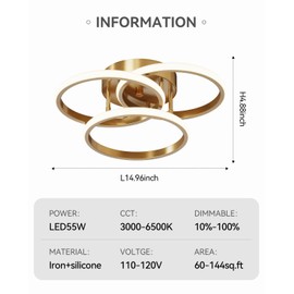 Dimmable LED Semi Flush Mount Ceiling Light Fixture with Remote Control 3-Color Dimming Circle Modern Chandelier, Close to Ceiling Bedroom Kitchen Hallways Balcony Corridor Lamp (15in- 3 Ring Gold)