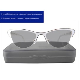 Circleperson mujeres ojo de gato gafas de lectura primavera bisagras mitad sin borde tamaño medio, Blanco + lente bifocal (parte superior plano) + transición gris, 53-18-140