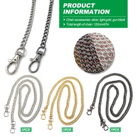 Handbag Chain Strap, 3Pcs Shoulder Handle Bag Replacement Metal Long Chains Straps with Buckles for Purse Handbags Crossbody Bag 120cm