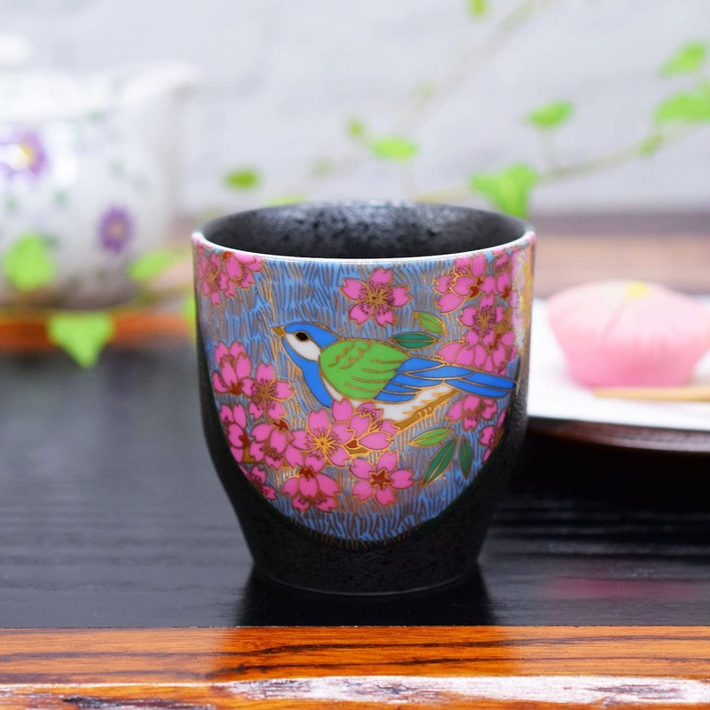 Tea Cup Stylish Kutani Ware Yunomi Kanzakura Flower and Bird