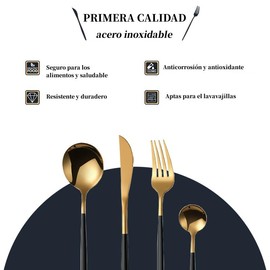 Pantio Juego de Cubiertos de 24 Piezas, Acero Inoxidable, 6 Sets de 4 Piezas, Incluye Cuchillos, Tenedores y Cucharas, Apto para Lavavajillas, Oro Neg