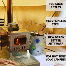 DANCHEL OUTDOOR S6 Folding Camping Stove, 304 Stainless Steel Wood Burning Stove with 7.2ft Chimney, Portable Hot Tent Stove Solo Camping Survival Backpacking, Lightweight & Compact Design