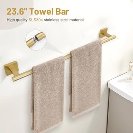 Towel Bar Set, 5 Pieces Bathroom Hardware Accessories Set 304 SUS Round Wall Mounted, Includes 23.6” Towel Bar, 16” Towel Holder, Toilet Paper Holder and Towel Hook, Bathroom Accessories Set Gold
