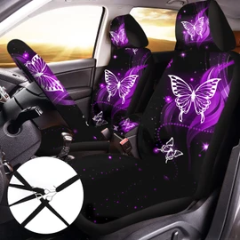 15 Pcs Butterfly Car Seat Covers Full Set Butterfly Front Rear Seat Covers Steering Wheel Cover Wrist Strap Coasters Armrest Shoulder Pads (Purple Glitter Butterfly Style)