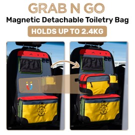 Living in a Bubble Seat back Organizer – Magnetic Toiletry and Cooler Pouch, Cordura Car Backseat Storage with Device Holder & Hooks, Multi-Compartment Utility Bag for Campervans & Family Travel