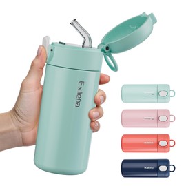 Exllena 300ml Small Water Bottle with One-Touch Straw Lid, Double-Wall Vacuum Insulated Small Flask for Hot&Cold Drinks–Leak-Proof, Mini Water Bottle for Handbag, Yoga, Sport(Mint)