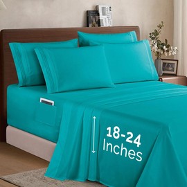 Elegant Comfort 6-Piece Sheet Set, Extra Deep 18-24 Inch Pockets - 3-Line Embroidery, Moody Shades, Soft Microfiber for Thick Mattresses - Color: Turquoise, Size: Queen