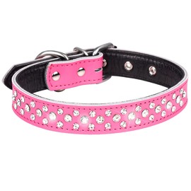 Serijoars Collar de perro con diamantes de imitación para perros pequeños, medianos y grandes, collar ajustable de piel auténtica suave con cristales brillantes (S, rosa intenso)