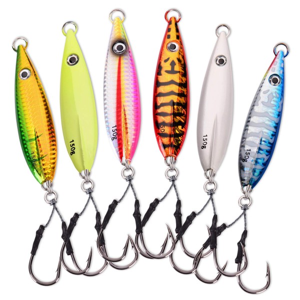 Calissa Offshore Tackle Fast Fall Jig 80g 150g 250g 300LBS Assist Hooks 3/0 Butterfly - Vertical Jig Speed Lure Slow Pitch Fall Glow Options (6 Pack, 150g)