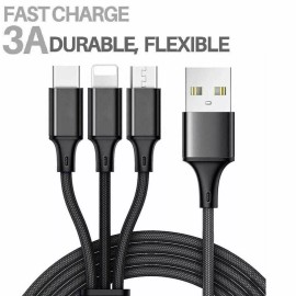 Unbranded 3 in 1 Fast USB Charging Cable Universal Multi Function Cell Phone Charger Cord - Black
