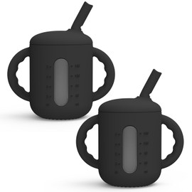 Seposeve 2 Pack Silicone Sippy Cups, Leak-Proof Baby Straw Cup for 6-12 Months, Spill Proof Toddler Cup with Straw 1-3 Years, with Capacity Marking, Non-slip Handle, Flow Control, 6 oz, 2 Black