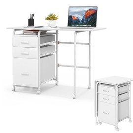 CHEFJOY Folding Computer Desk with 6 Wheels, 41.5" Modern Steel Collapsible Home Office Desk with 3 Storage Drawers, Portable Writing Laptop Desk for Bedroom, Study, Small Space, Home Office, White