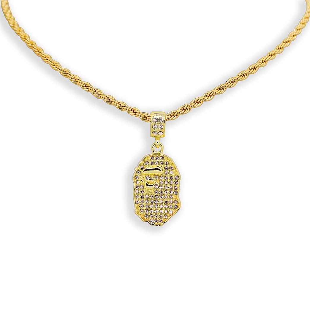 Yellow Gold-Tone Iced Style Bling Hip Hop Bape Ape Pendant with 24" Solid Rope Necklace Chain