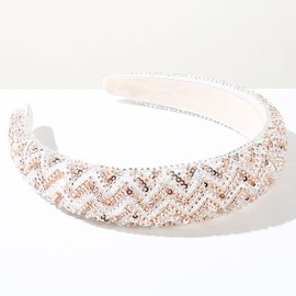 Beaded Headband for Women, Sparkly White Sequin Headbands Stylish Hair Band Soft Padded Headbands Fancy Bride Headband Bling Head Band Pearl Hair Hoop (White, One size)