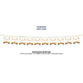 Ramadan Mubarak Bunting Party Flags - Ramadan Decorations (10 Flags) (White & Gold)