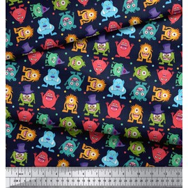 Soimoi Blue Velvet Fabric Monster Cartoon Print Fabric by The Yard 58 Inch Wide