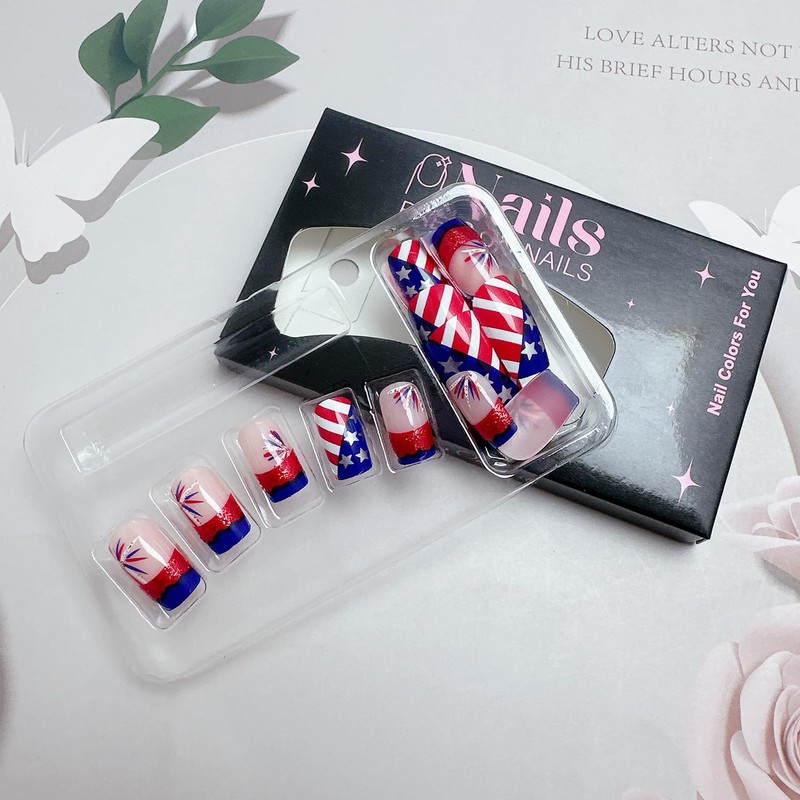 24pcs 4th of July Press on Nails Short Square French