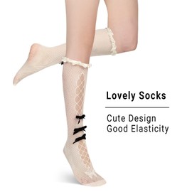 Benefeet Sox Womens Girls Cute White Fishnet Knee Highs 3D Bows Fishnet Stockings Fancy Decorated Lace Sheer Mesh Knee Highs Stockings Kawaii Transparent Thin See Through Long Lolita Socks Gifts